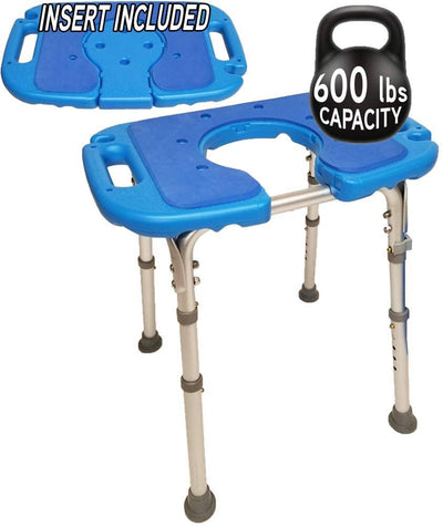 Atlas Deluxe Bariatric Shower/Bath Bench, 600lb. Capacity, Padded with Cutout and Insert. Heavy Duty Shower Chair/Stool with Adjustable Height and XL Seat