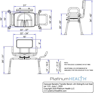 Carousel Sliding Transfer Bench with Swivel Seat-BARIATRIC 600LB Capacity.